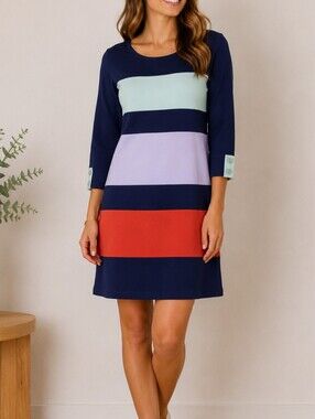 ALLIHOP Anthropologie Navy Blue Color Block Cotton Dress Women's Size Medium